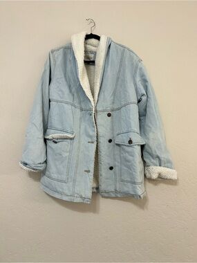 Light Blue Sherpa-Lined Jean Jacket with Hooded Collar